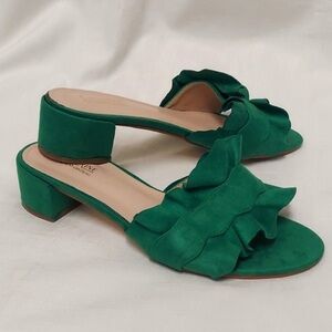 Catharine Green Ruffle Block Heel Sandals